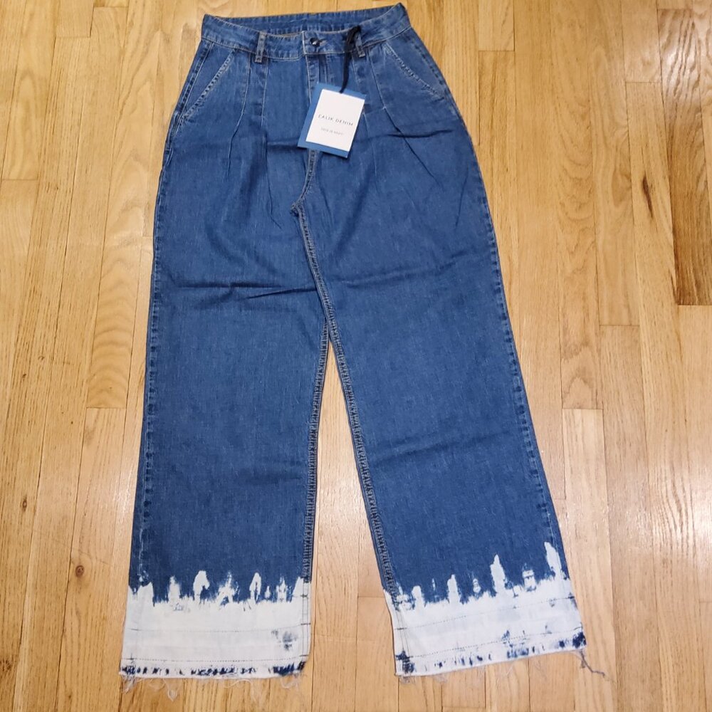 NWT Calik Denim Wide Leg High Waisted Pleated Embellished Jeans Size 27"